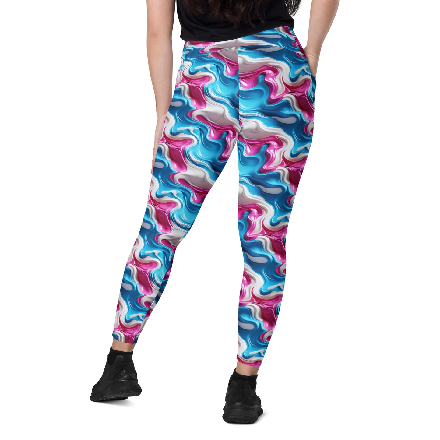 Pink, Blue & White Paint Strokes Crossover leggings with pockets