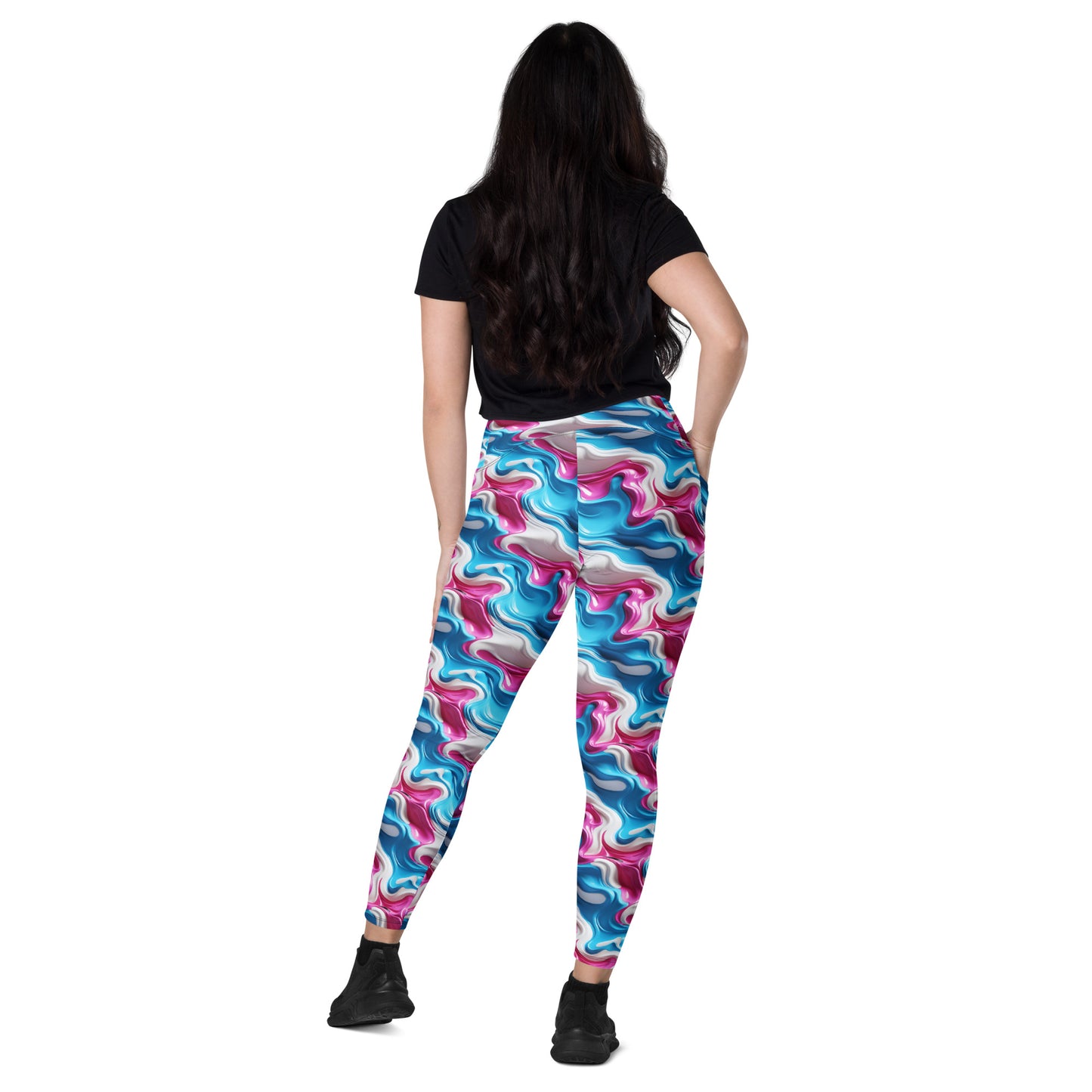 Pink, Blue & White Paint Strokes Crossover leggings with pockets