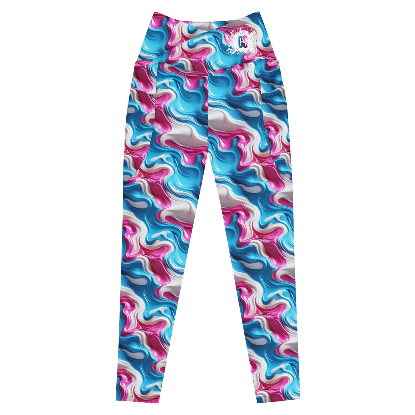 Pink, Blue & White Paint Strokes Crossover leggings with pockets