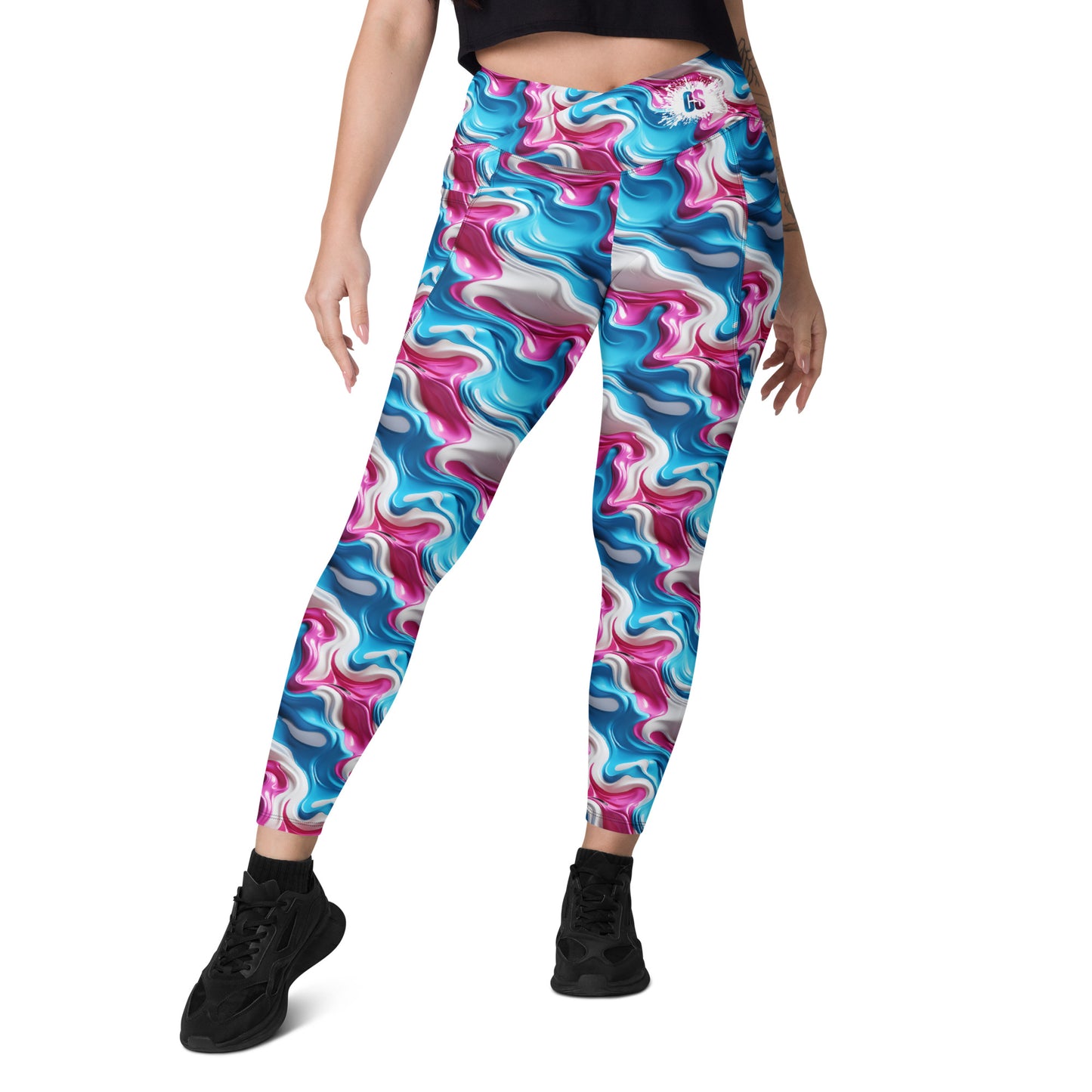 Pink, Blue & White Paint Strokes Crossover leggings with pockets