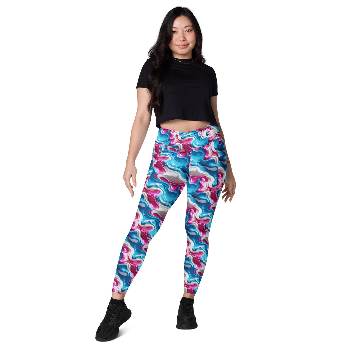 Pink, Blue & White Paint Strokes Crossover leggings with pockets