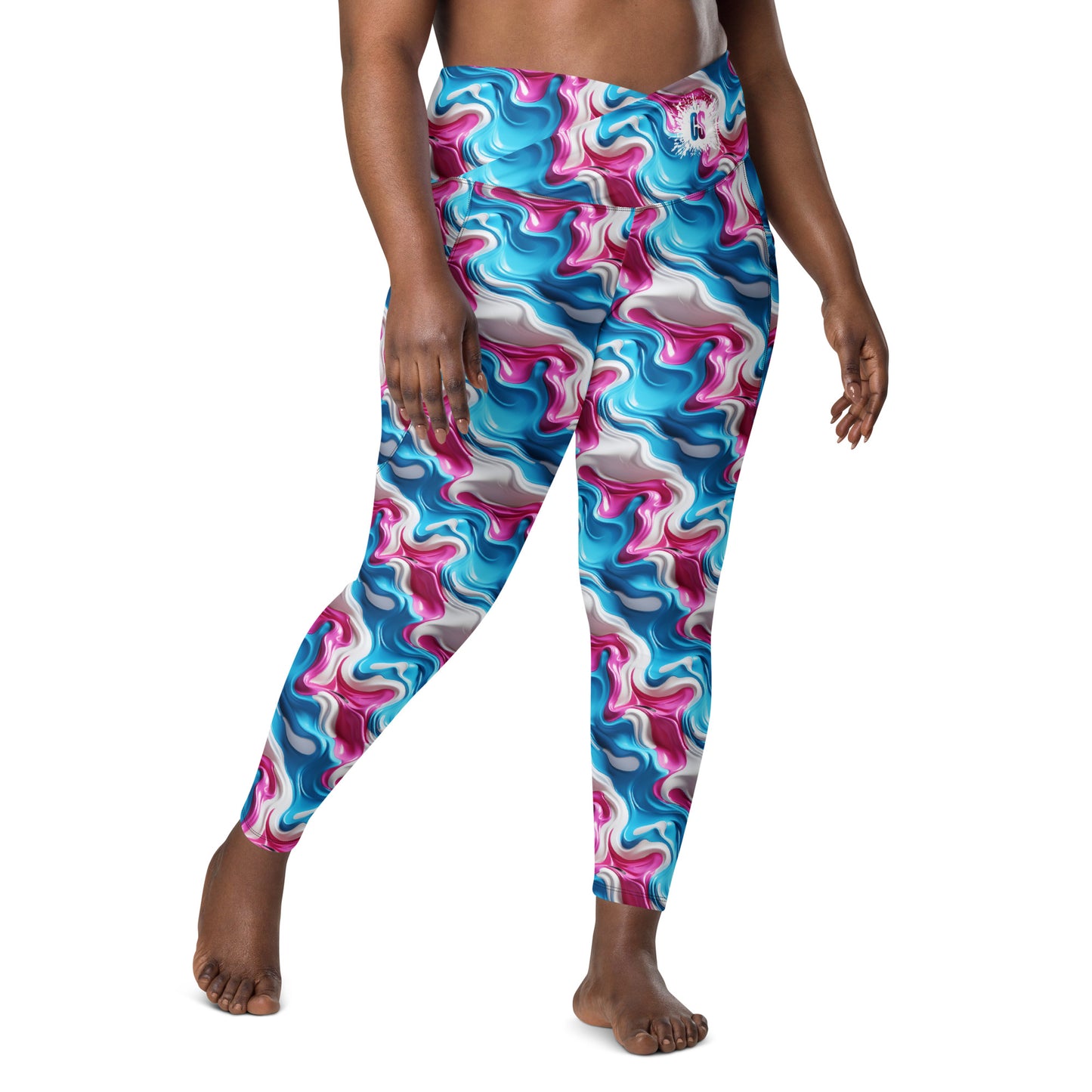 Pink, Blue & White Paint Strokes Crossover leggings with pockets