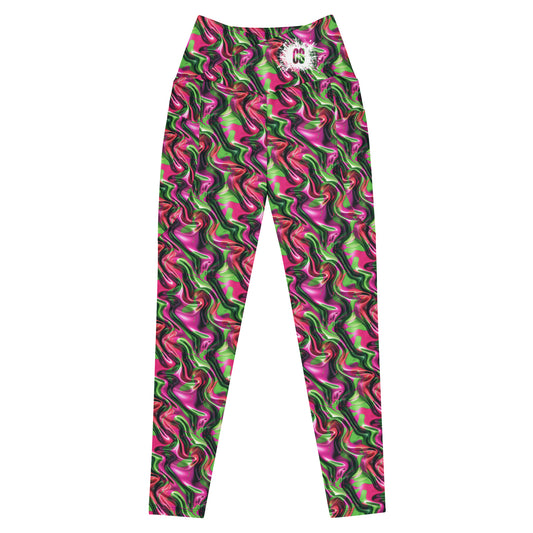 Pink & Green Satin Crossover leggings with pockets