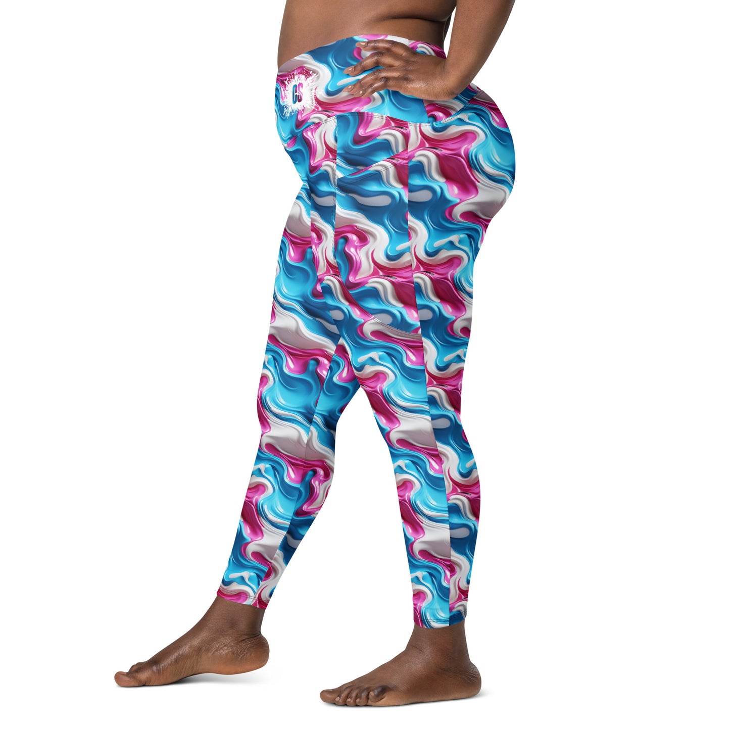 Pink, Blue & White Paint Strokes Crossover leggings with pockets