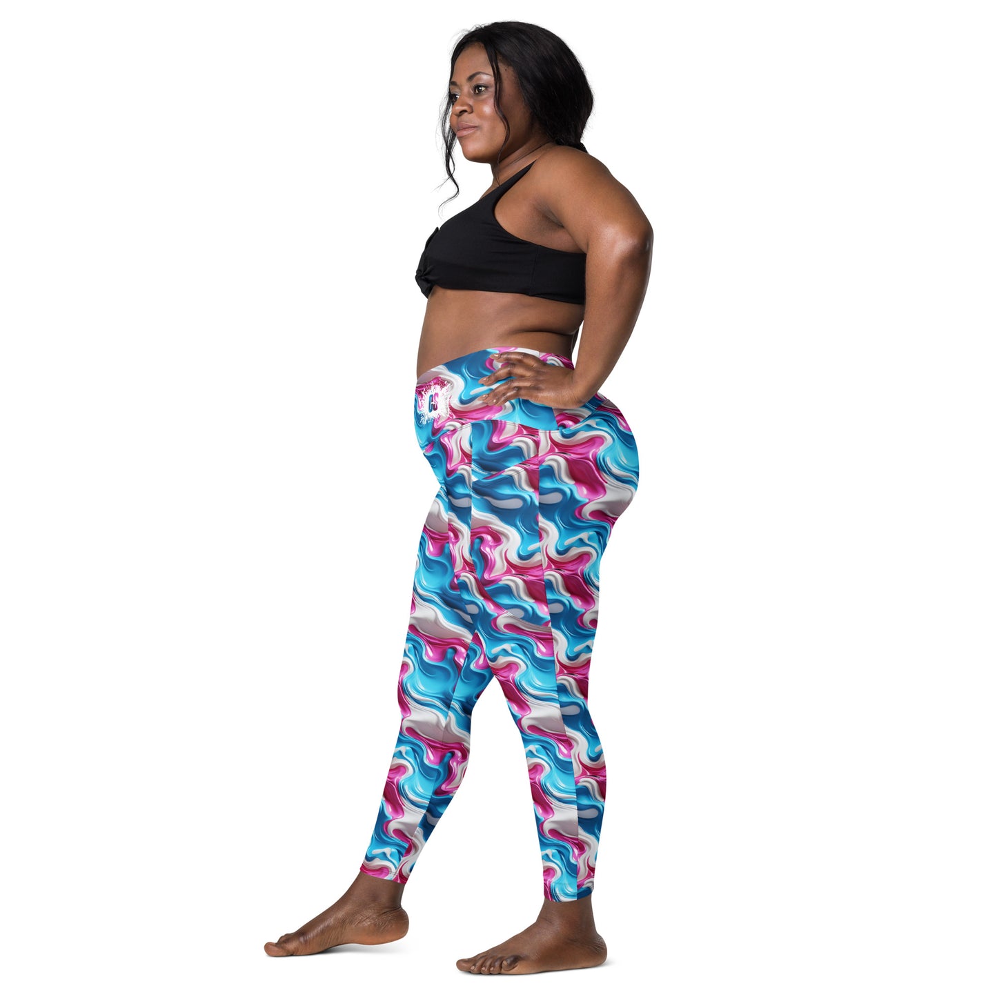 Pink, Blue & White Paint Strokes Crossover leggings with pockets