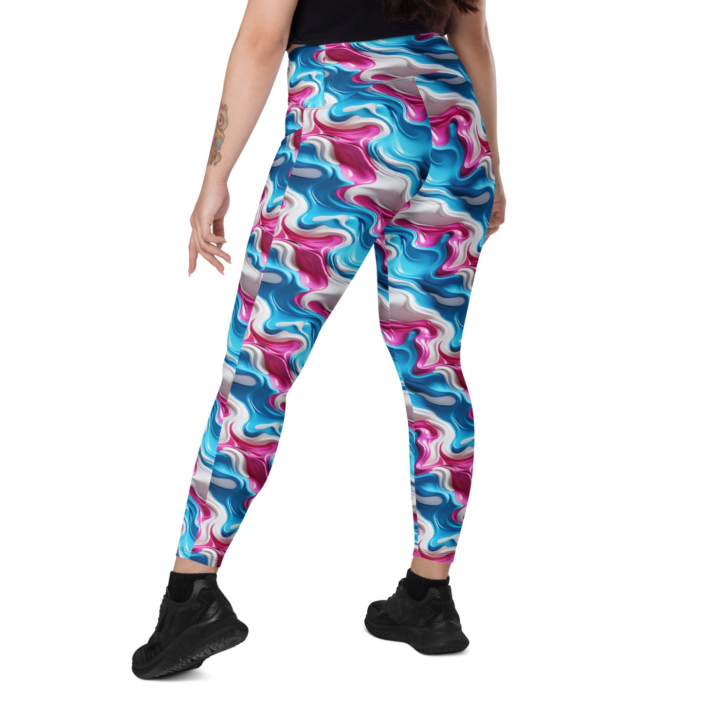 Pink, Blue & White Paint Strokes Crossover leggings with pockets