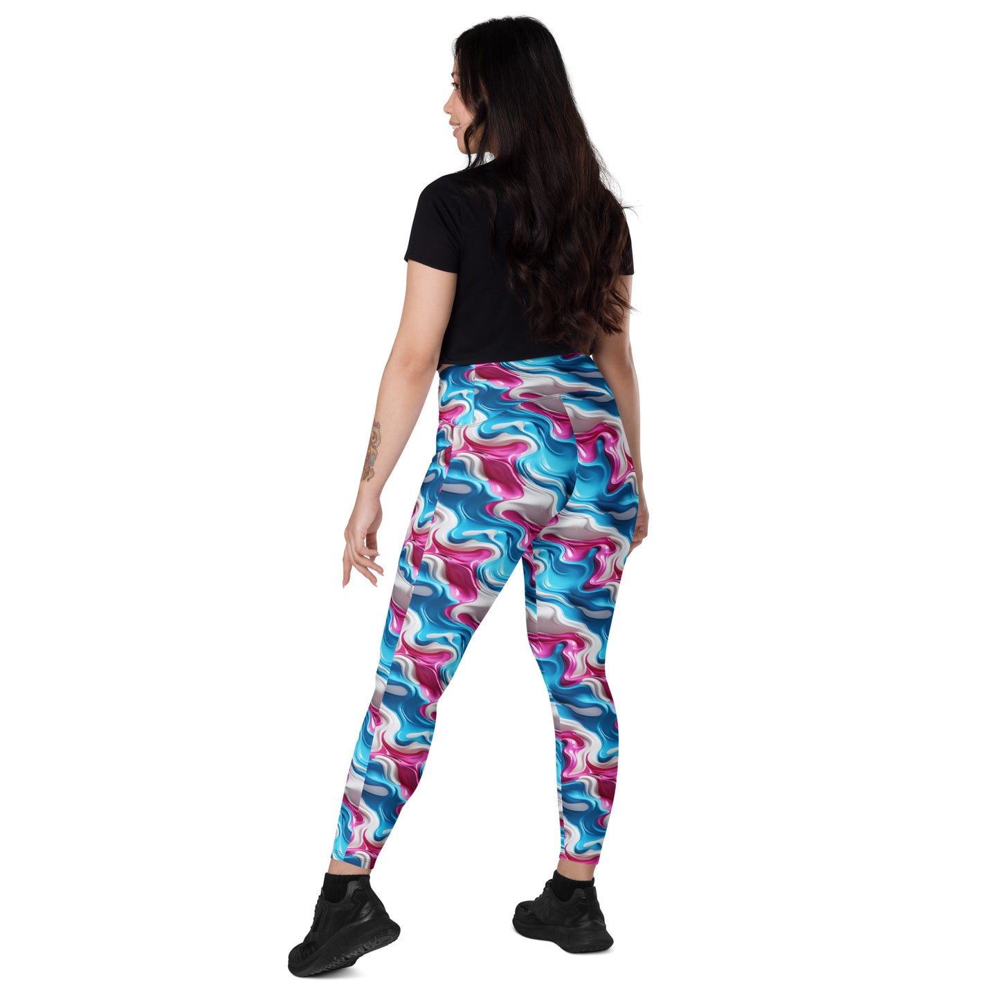 Pink, Blue & White Paint Strokes Crossover leggings with pockets