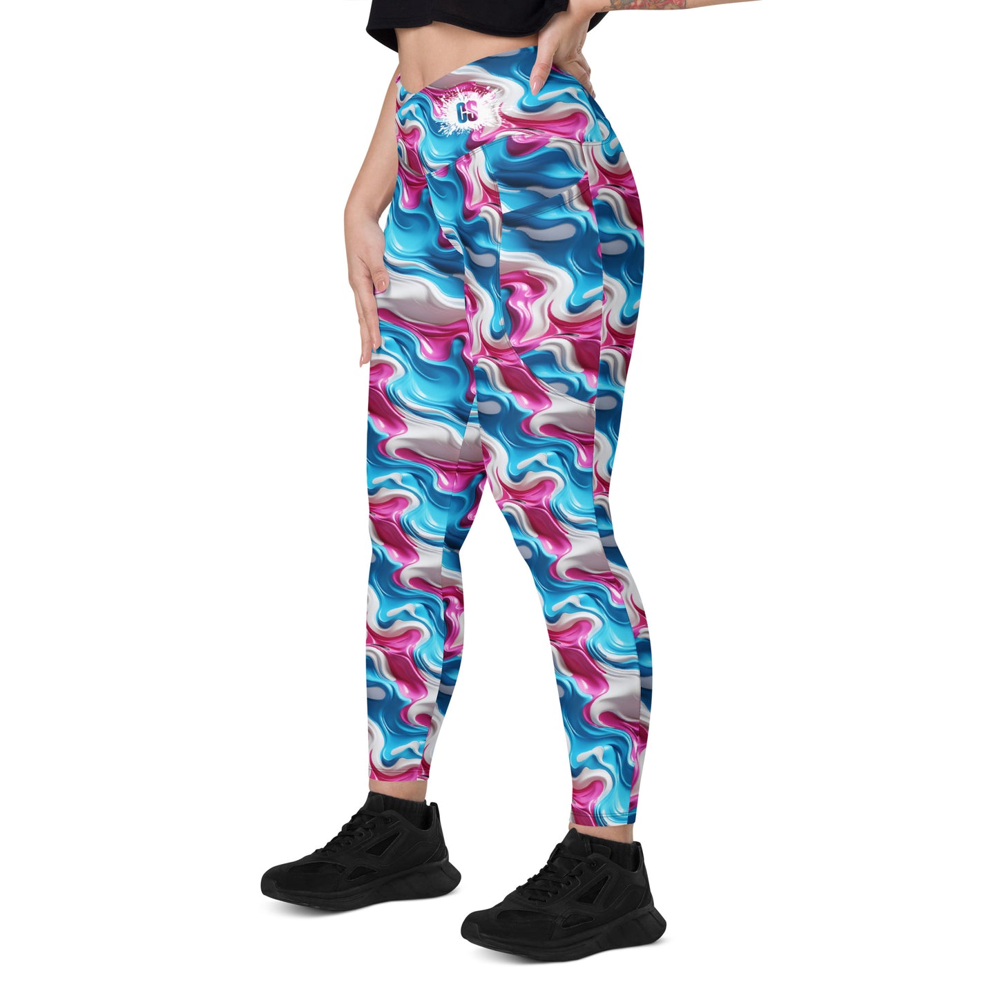 Pink, Blue & White Paint Strokes Crossover leggings with pockets