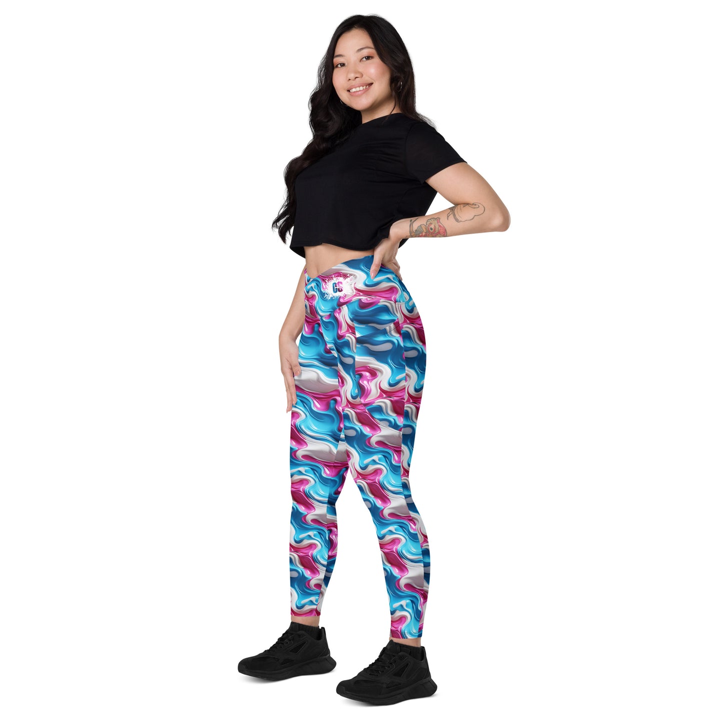 Pink, Blue & White Paint Strokes Crossover leggings with pockets