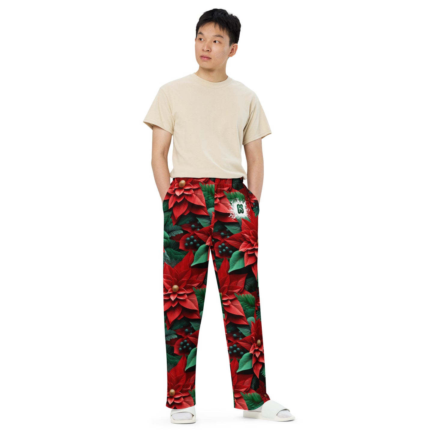 Xmas Poinsettias unisex wide-leg pants