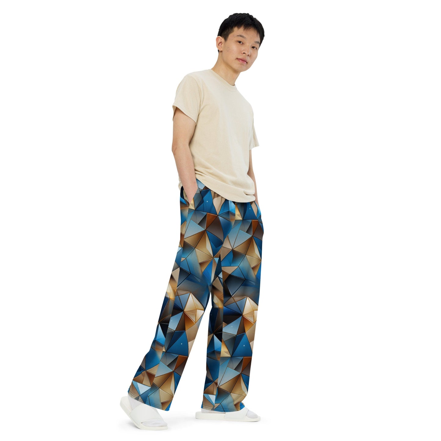 Festive 3D Triangle Design Unisex Pants - Vibrant Gold and Blue - Wide-Leg